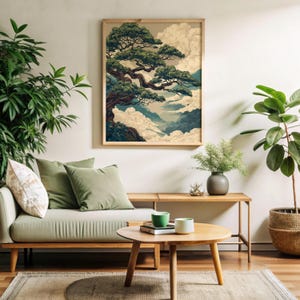 Vintage Japan Poster inspired botanical wall art with elegant pine branches and soft clouds