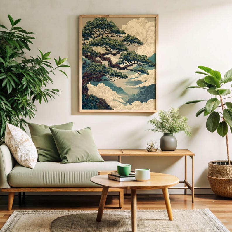 Vintage Japan Poster inspired botanical wall art with elegant pine branches and soft clouds