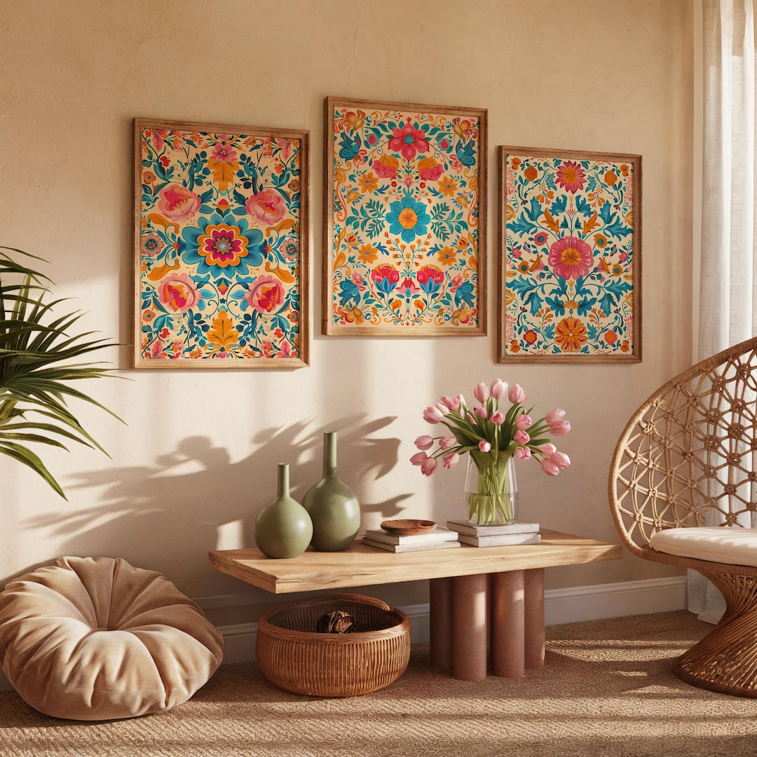 Vintage Mexican Folk Art Set, Floral Prints, Gallery Wall Set, Boho ...
