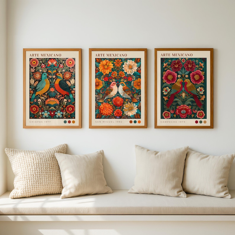 Mexican Folk Art Print Set, Mexican Wall Art, Bird Poster Set, Colorful ...