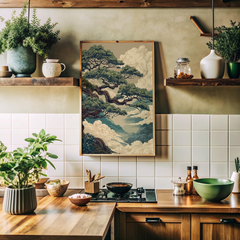Japanese Art Print featuring a majestic pine tree and layered cloud forms