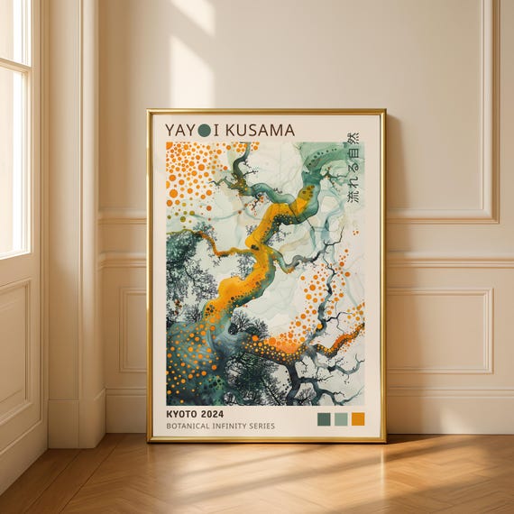 Yayoi Kusama Botanical Print, Modern Japanese Poster, Minimalist Botanical Wall Art, Green Yayoi Kusama Poster