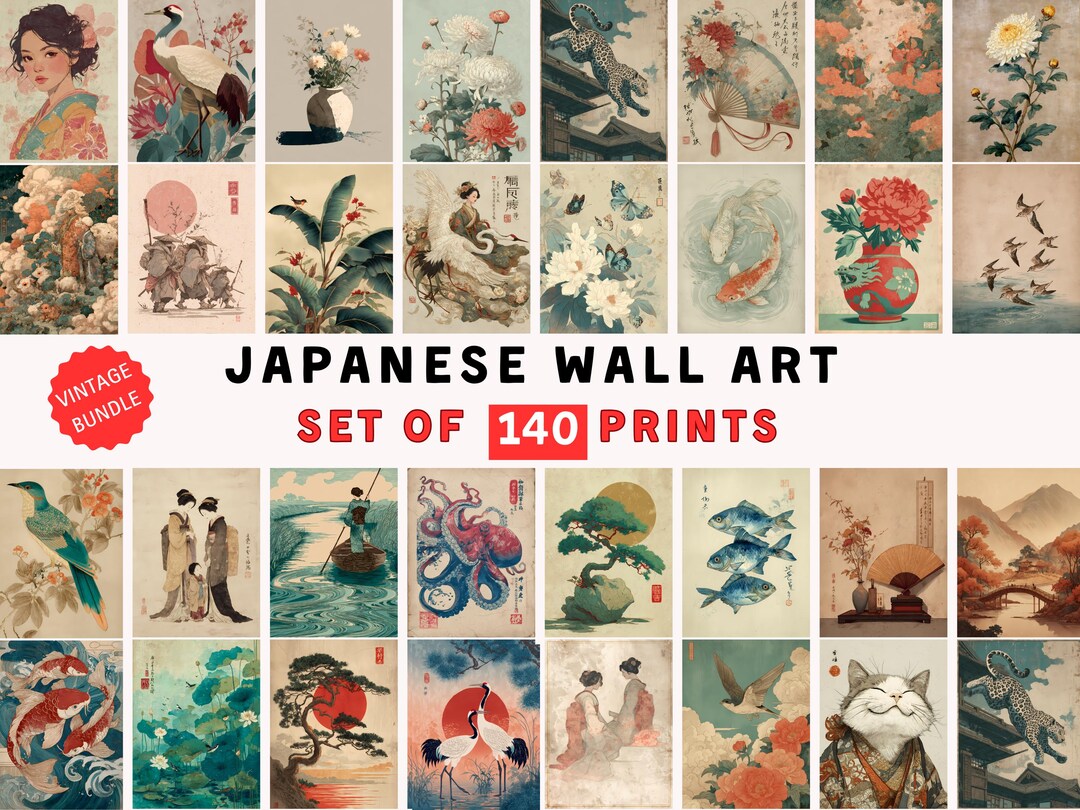 Vintage Japanese Wall Art Set of 140, Eclectic Gallery Wall Set ...
