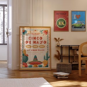 Vintage colorful Mexican wall art prints inspired by traditional folk motifs and urban culture
