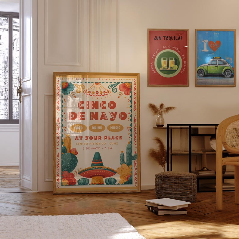 Vintage colorful Mexican wall art prints inspired by traditional folk motifs and urban culture