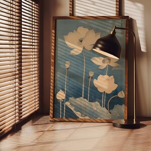 Blue lotus Japanese wall art in vintage ukiyo-e style, refined botanical illustration for minimalist spaces.