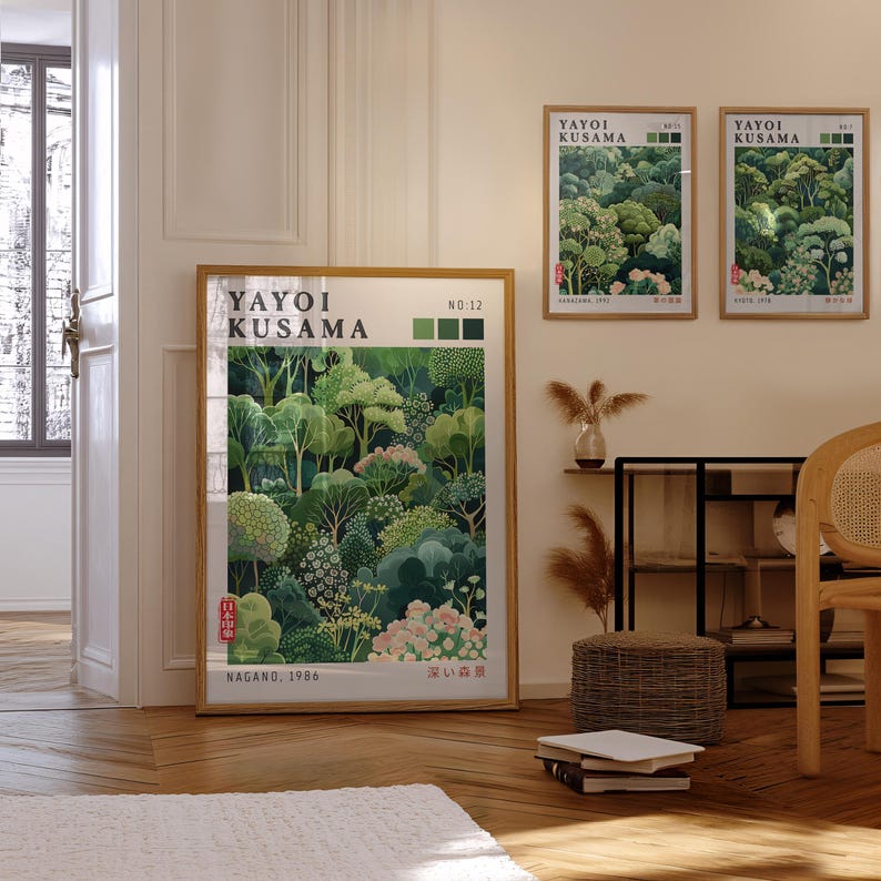 Sage Green Wall Art set combining Japanese Decor, botanical forms, and modern exhibition design