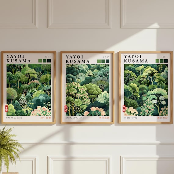 Yayoi Kusama Botanical Print Set of 3, Japanese Wall Art, Green Japandi Wall Art, Modern Japanese Poster, Gallery Wall Decor