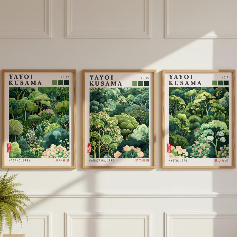 Nature Wall Art triptych with Japanese Art Print styling and refined green color palette