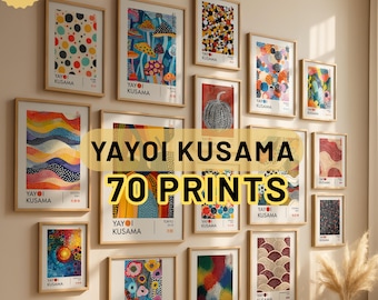 Conjunto de 70 gravuras de Yayoi Kusama, arte de parede japonesa colorida, conjunto de galeria de parede abstrata, conjunto de pôsteres japoneses modernos, decoração japonesa eclética.
