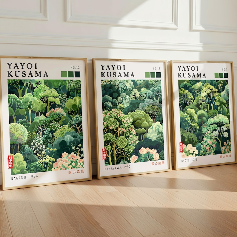 Japanese Wall Art set inspired by Yayoi Kusama, featuring layered botanical forests in calming sage green tones