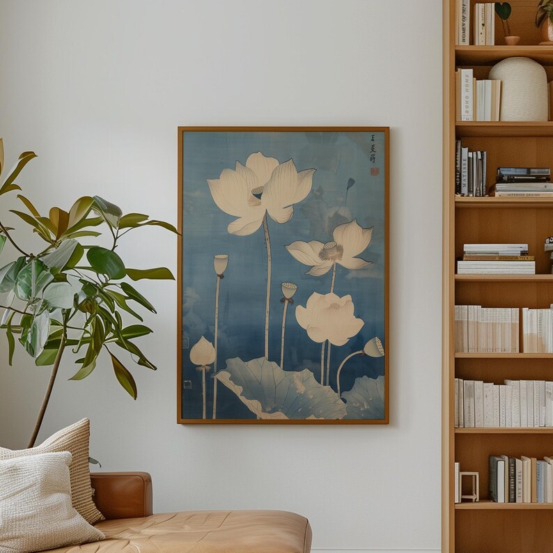 Asian botanical wall art with lotus flowers, ukiyo-e inspired Japanese print for serene interiors.