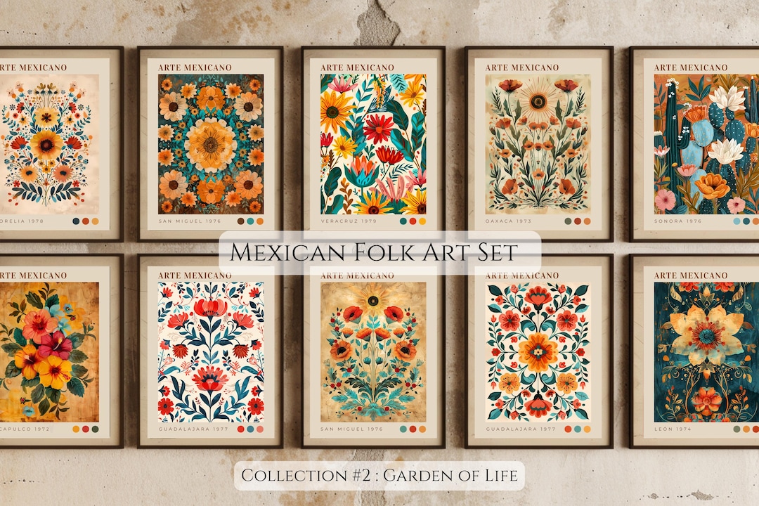 Mexican Folk Art Print Set of 10 | Vintage Floral Wall Art | Boho ...