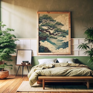Woodblock Print style Japanese Poster with detailed pine tree illustration and tranquil atmosphere
