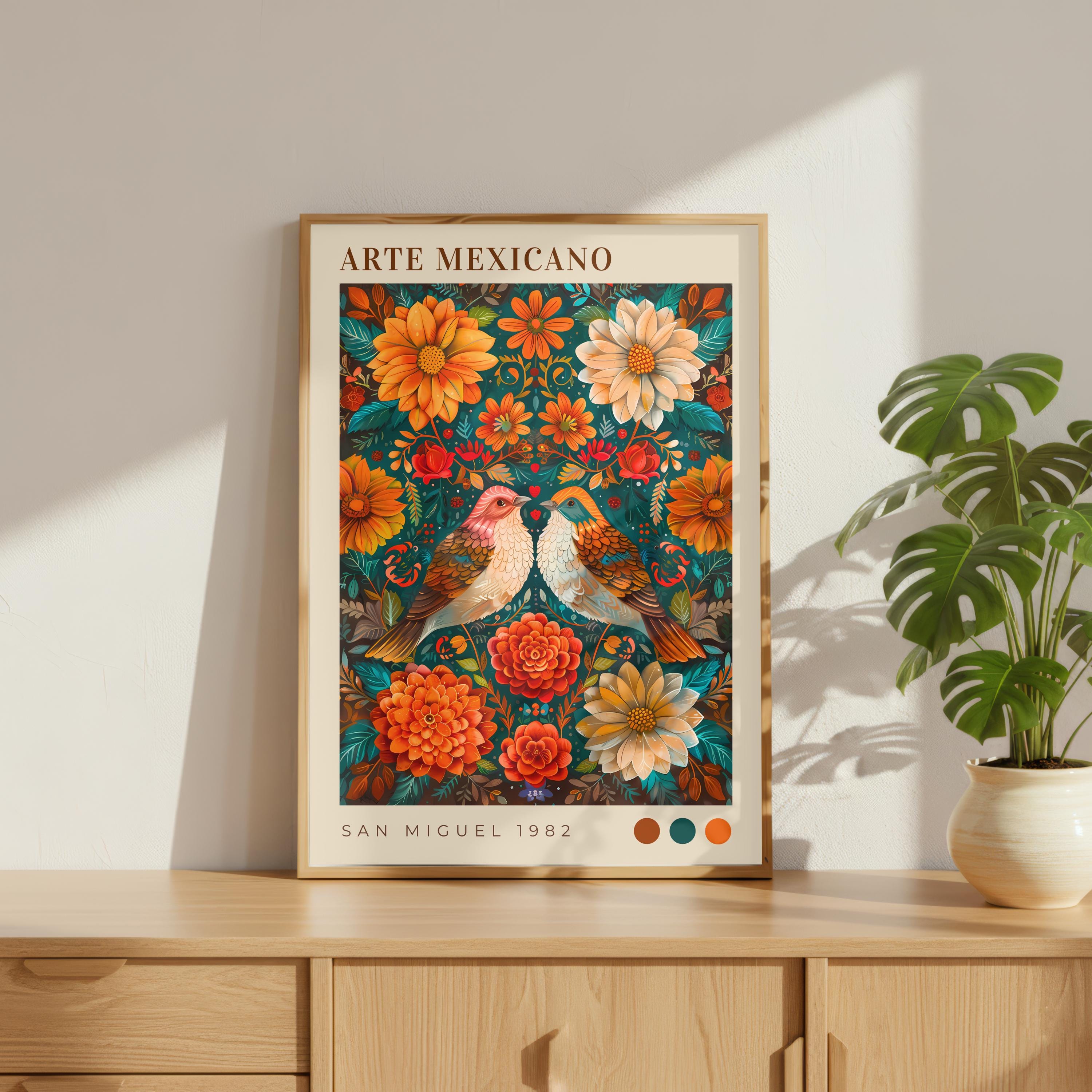 Mexican Folk Art Print - Floral Wall Art, Colorful Bird Poster, Boho ...
