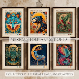 Puede incluir: Un conjunto de diez impresiones enmarcadas de arte popular mexicano. Cada impresión presenta ilustraciones vibrantes de animales y figuras celestiales. El texto "Mexican Folk Art Set of 10" y "Collection #5: Celestial Guardians of Mexico" son visibles.