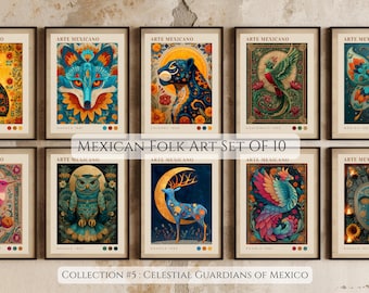 Mexikanische Volkskunst Tier 10er Set | Alebrije Wandkunst | Lebendiges mexikanisches Dekor | Heiliger Geist Tier Drucke