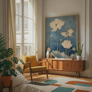 Elegant Japanese lotus poster with vintage botanical style, ideal for zen wall decor and Asian inspired interiors.