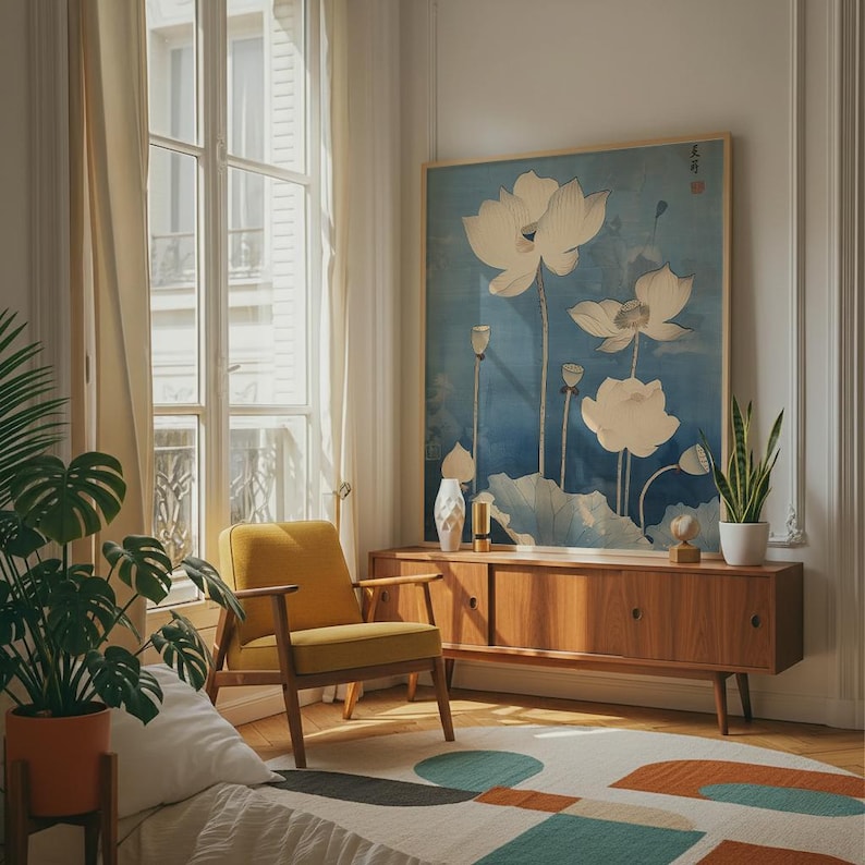 Elegant Japanese lotus poster with vintage botanical style, ideal for zen wall decor and Asian inspired interiors.