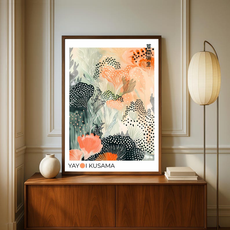 Modern Yayoi Kusama Poster inspired by Japanese art and minimalist botanical design.