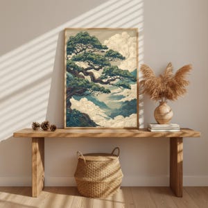 Pine Tree Wall Art designed as a Japanese Art Print with peaceful nature composition