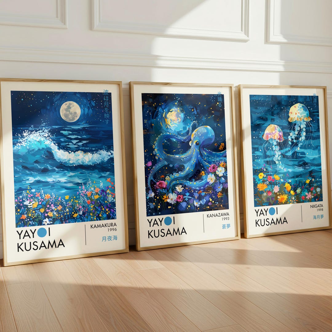Yayoi Kusama Print Set of 3, Blue Japanese Wall Art, Octopus ...