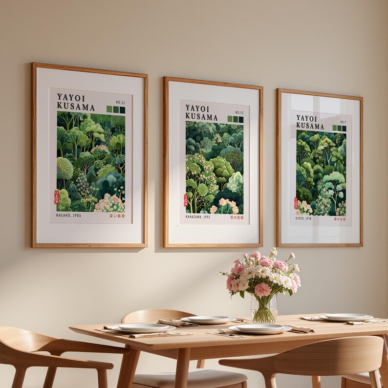 Japanese Poster triptych with botanical illustration and modern Japandi Wall Art aesthetics