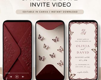 May include: Three smartphone screens displaying a digital wedding invitation video. The screens show a deep red envelope with floral embossing, a cream background with flying butterflies, and a formal invitation with ornate borders and text.
