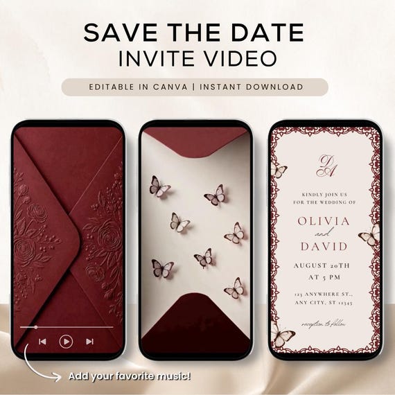 Burgundy Save the Date Video Template,  Butterfly Animated Wedding Save the Date, Digital Wedding Invitation, Canva Template