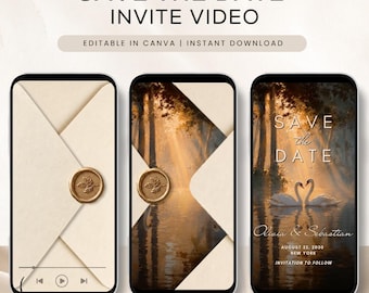 May include: Three smartphones displaying a digital Save the Date invite video. The screens show a cream-colored envelope with a gold wax seal, a forest lake scene with two swans forming a heart shape, and text reading Save the Date, Olivia & Sebastian.