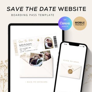 Boarding Pass Save the Date Website, Editable Canva Wedding Website Template, Digital Save the Date Boarding Pass Invitation