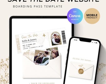 Boarding Pass Save the Date Website, Editable Canva Wedding Website Template, Digital Save the Date Boarding Pass Invitation