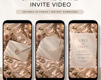 May include: Three smartphones display a digital Save the Date invite video template. The screens show an envelope with a wax seal, a card, and text reading Save the Date to celebrate the wedding of Olivia and David Feb 14 2030.