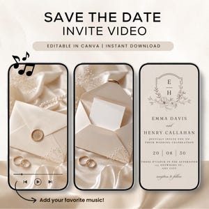 Puede incluir: Una plantilla de video de invitación digital save the date con tres pantallas de teléfono inteligente que muestran sobres color crema con sellos de cera, anillos de boda dorados y una tarjeta de invitación formal con gráficos florales y el texto Emma Davis and Henry Callahan.