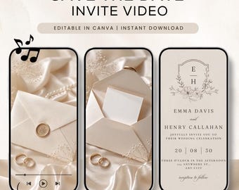 Può includere: Un modello video di invito digitale save the date con tre schermi di smartphone che mostrano buste color crema con sigilli in cera, fedi nuziali dorate e un cartoncino di invito formale con grafiche floreali e il testo Emma Davis and Henry Callahan.