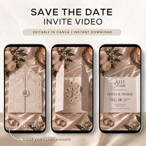 May include: A digital Save the Date invite video template featuring three smartphone screens displaying a gate-fold card design with white butterflies, floral accents, and text reading Save the Date for the wedding of Olivia & George.
