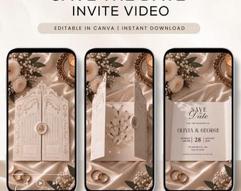 May include: A digital Save the Date invite video template featuring three smartphone screens displaying a gate-fold card design with white butterflies, floral accents, and text reading Save the Date for the wedding of Olivia & George.
