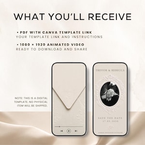 May include: Digital invitation template set featuring two smartphone screens. Text includes WHAT YOU'LL RECEIVE, PDF WITH CANVA TEMPLATE LINK, 1080 x 1920 ANIMATED VIDEO, and NOTE: THIS IS A DIGITAL TEMPLATE. NO PHYSICAL ITEM WILL BE SHIPPED.