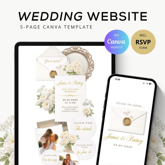 Editable Wedding Website Template Canva, Elegant Digital Wedding Invitation with RSVP, Luxury Wedding Website
