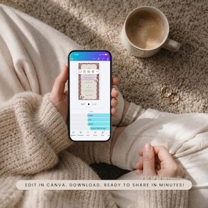 May include: A smartphone displaying a digital invitation template in the Canva app. The screen shows the names Olivia and David, a date, and decorative floral borders. The interface includes editing tools, a timeline, and text input fields.