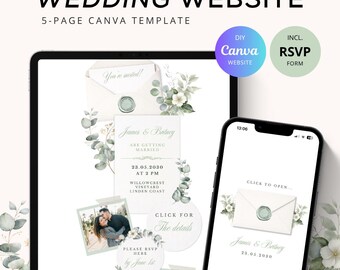 Eucalyptus Wedding Invitation With RSVP, Wedding Website Template, Sage Green Eucalyptus Invite, Editable Canva Wedding Template