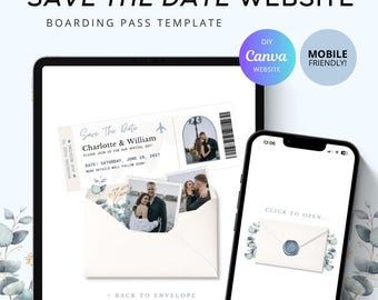 Boarding Pass Save the Date Website Dusty Blue, Editable Canva Wedding Website Template, Digital Save the Date Boarding Pass Invitation