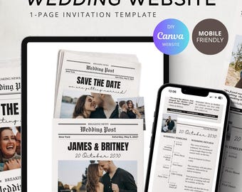 Newspaper Wedding Website Template, Editable Canva Wedding Invitation, 1 Page Wedding Website Invite, Digital Wedding Invitation