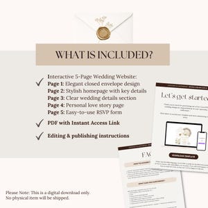 May include: A digital wedding website template with a closed envelope design and gold wax seal. The image includes a list of features, such as a homepage, wedding details section, and RSVP form. The text reads "What is Included?" and "Let's get started."