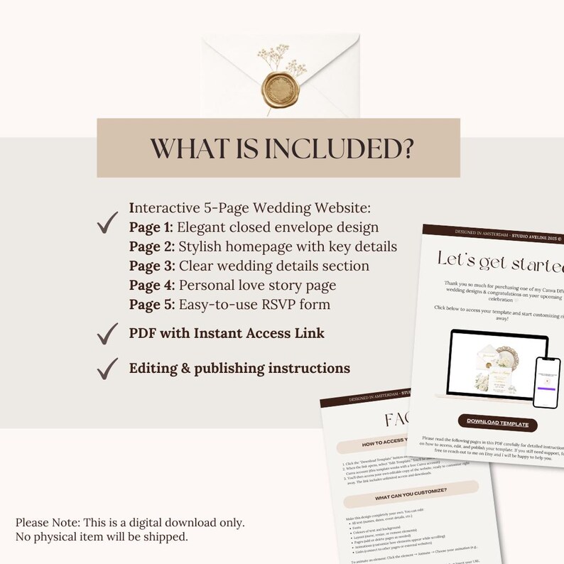 May include: A digital wedding website template with a closed envelope design and gold wax seal. The image includes a list of features, such as a homepage, wedding details section, and RSVP form. The text reads "What is Included?" and "Let's get started."