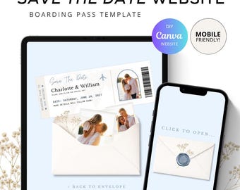 May include: A digital save the date boarding pass template displayed on a tablet and smartphone. The design features a photo of a couple, airplane icon, and text including Charlotte & William, June 20, 2027. Includes a mobile friendly Canva link.