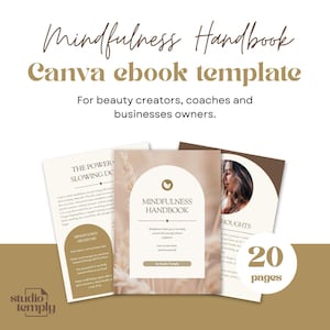 Modelo de e-book de manual de mindfulness para coaches de negócios marrom, estética, 20 páginas, modelo editável do Canva, livro de exercícios de mindfulness, coaches de vida