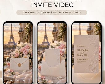 May include: Three smartphone screens displaying a Save the Date invite video template. The screens show a cream-colored envelope with a wax seal, an open envelope with a card, and a wedding invitation card with the text Olivia and David.
