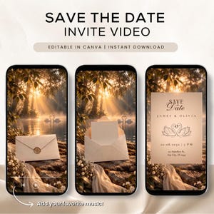 May include: Three smartphones displaying a digital Save the Date invite video template. The screens show a sunset lake scene with swans, an envelope with a wax seal, and a wedding invitation card with the text Save the Date, James & Olivia.