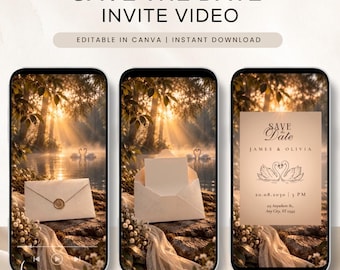 May include: Three smartphones displaying a digital Save the Date invite video template. The screens show a sunset lake scene with swans, an envelope with a wax seal, and a wedding invitation card with the text Save the Date, James & Olivia.